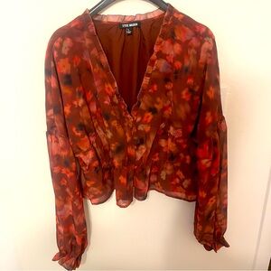 Steve Madden Women's Floral Top - Red and Brown large v neck long sleeve